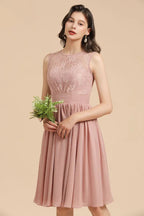 Abito da festa senza maniche con scollo rotondo in chiffon di pizzo, abito corto per damigella d'onore