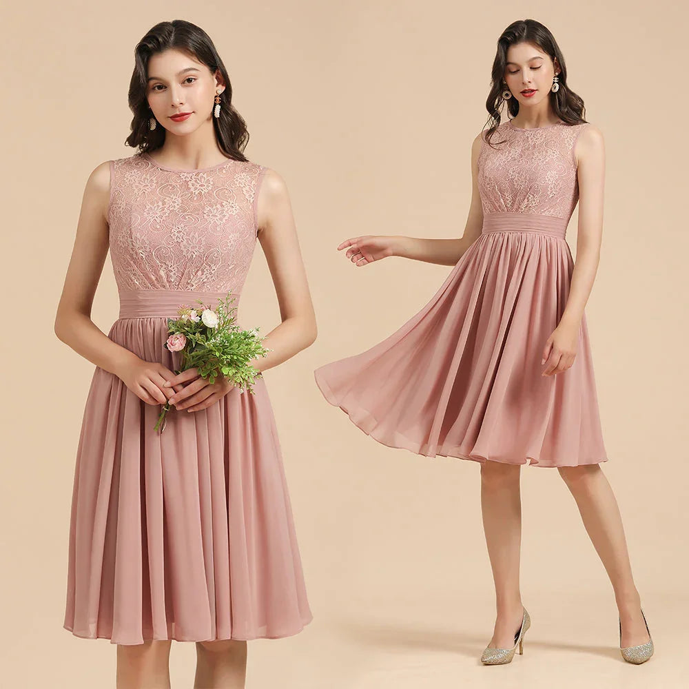 Abito da festa senza maniche con scollo rotondo in chiffon di pizzo, abito corto per damigella d'onore