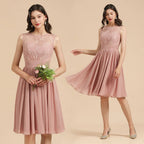 Abito da festa senza maniche con scollo rotondo in chiffon di pizzo, abito corto per damigella d'onore