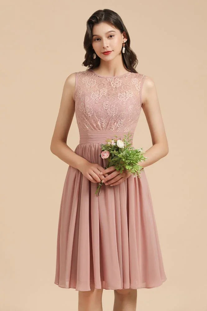 Abito da festa senza maniche con scollo rotondo in chiffon di pizzo, abito corto per damigella d'onore