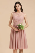 Abito da festa senza maniche con scollo rotondo in chiffon di pizzo, abito corto per damigella d'onore