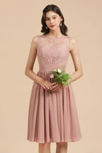 Abito da festa senza maniche con scollo rotondo in chiffon di pizzo, abito corto per damigella d'onore