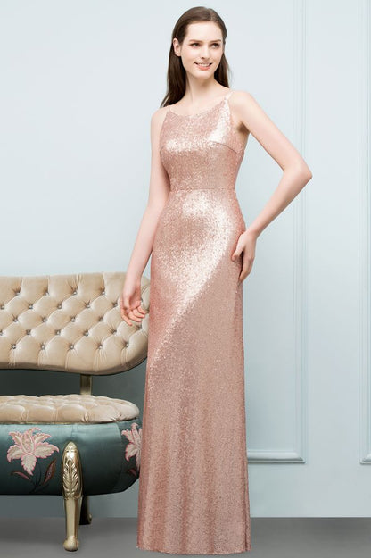 Sleeveless Floor Length A-line Scoop Sequined Prom Dresses