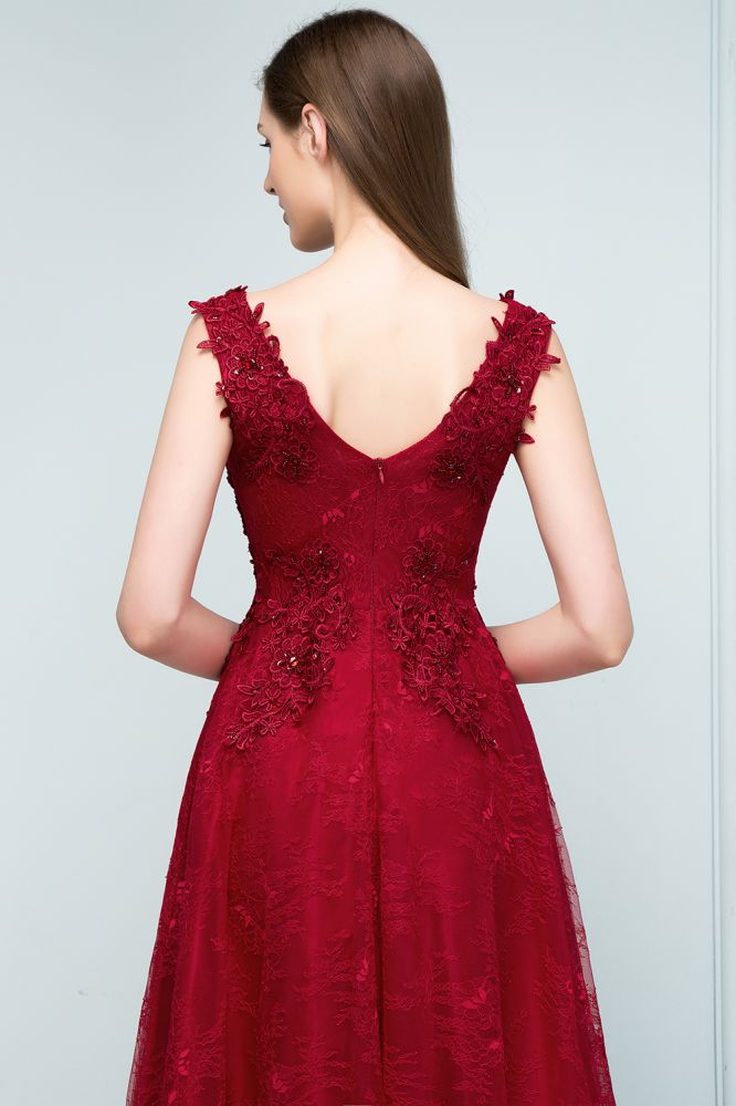 Ärmelloses A-Linien-Ballkleid mit Spitzenapplikationen und V-Ausschnitt und Kristallen