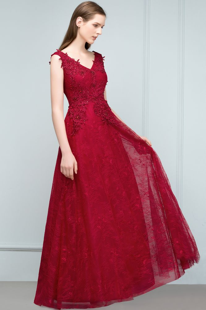 Ärmelloses A-Linien-Ballkleid mit Spitzenapplikationen und V-Ausschnitt und Kristallen