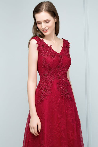 Sleeveless Lace Appliques A-line V-neck Long Prom Dresses with Crystals