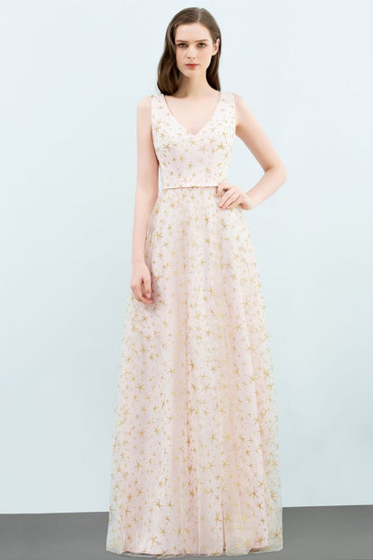 Sleeveless Long A-line V-neck Appliqued Tulle Prom Dresses