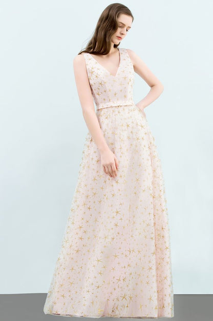 Sleeveless Long A-line V-neck Appliqued Tulle Prom Dresses