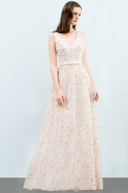 Sleeveless Long A-line V-neck Appliqued Tulle Prom Dresses