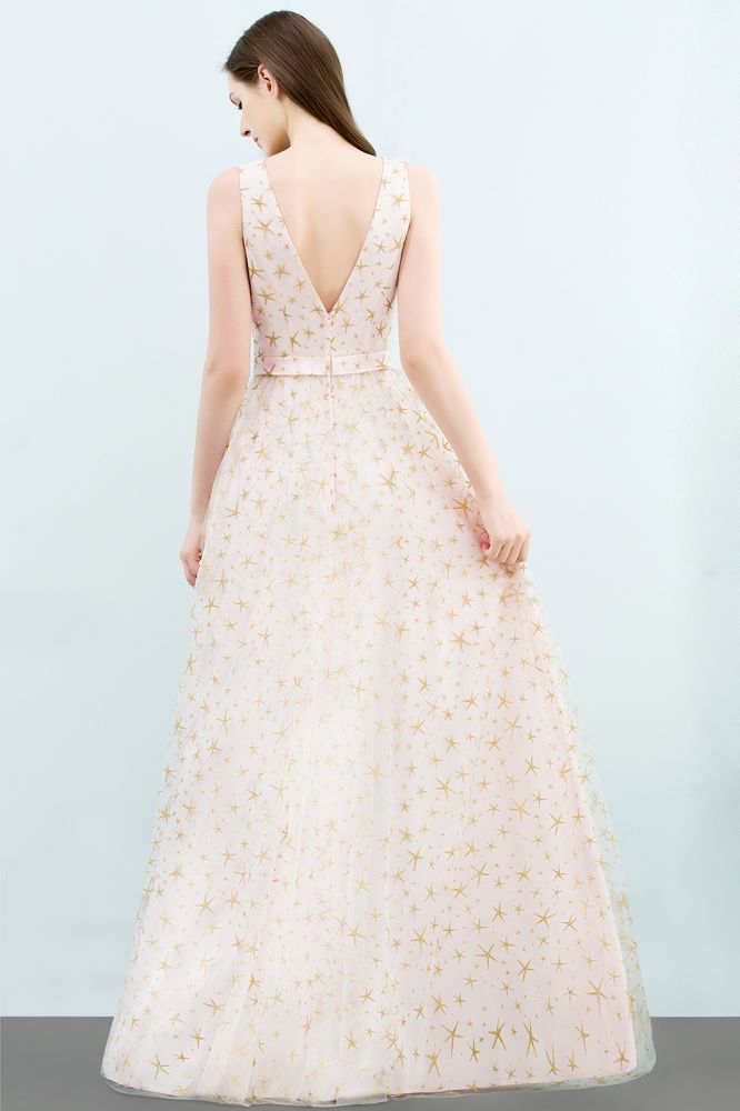 Sleeveless Long A-line V-neck Appliqued Tulle Prom Dresses