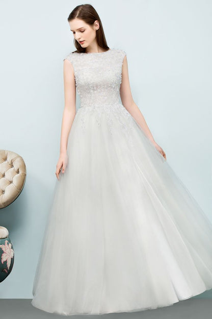 Sleeveless Long Split A-line Appliqued Tulle Prom Dresses