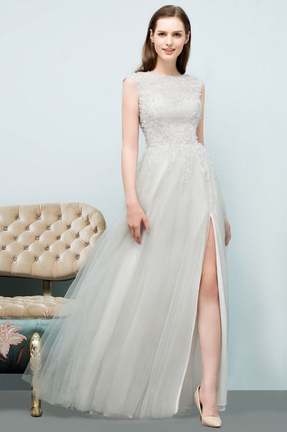 Sleeveless Long Split A-line Appliqued Tulle Prom Dresses
