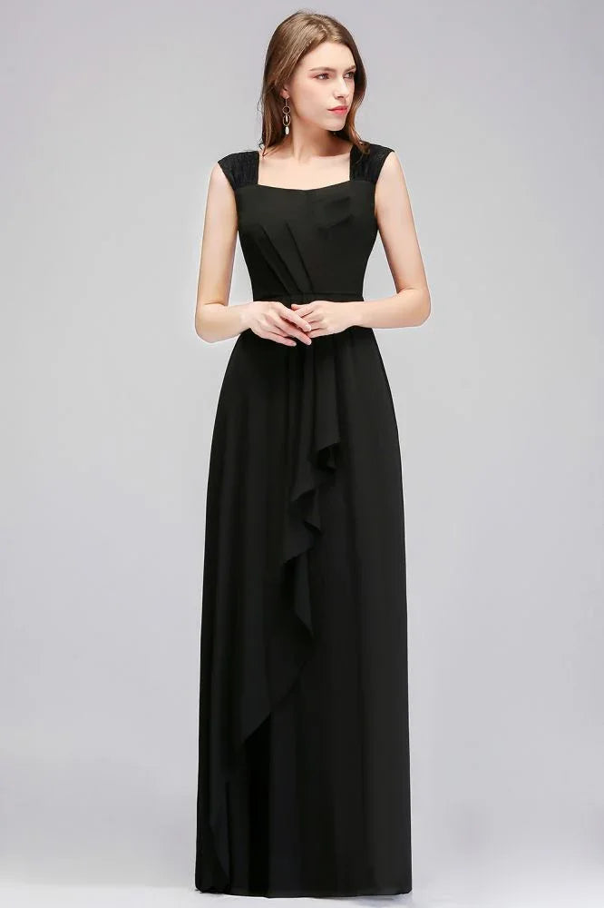 Abiti da damigella d'onore neri in chiffon senza maniche con balze