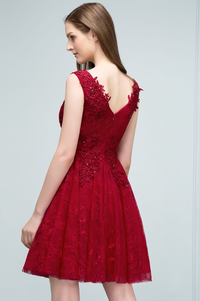 Vestidos de fiesta cortos sin mangas con escote en V, corte A y encaje con apliques de tul