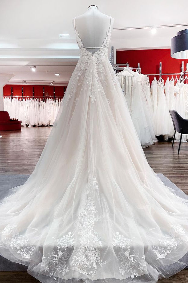 Sleeveless Tulle V Neck Lace Ruffles Wedding Dresses A Line Train