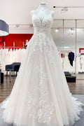 Sleeveless Tulle V Neck Lace Ruffles Wedding Dresses A Line Train