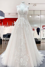 Sleeveless Tulle V Neck Lace Ruffles Wedding Dresses A Line Train