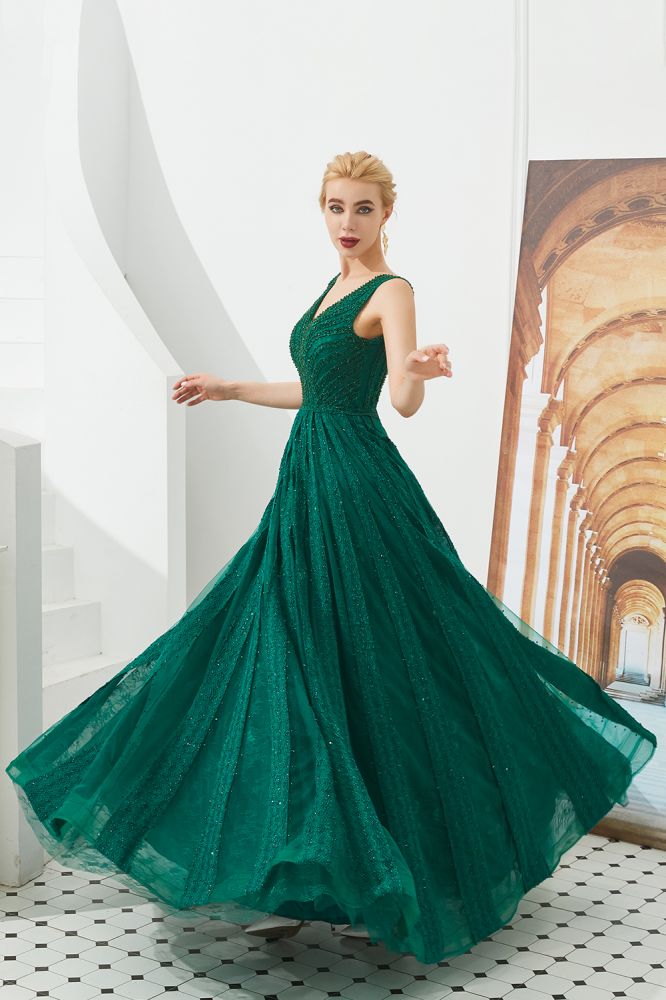 Ärmelloses A-Linien-Abendkleid mit V-Ausschnitt und rückenfreiem Partykleid