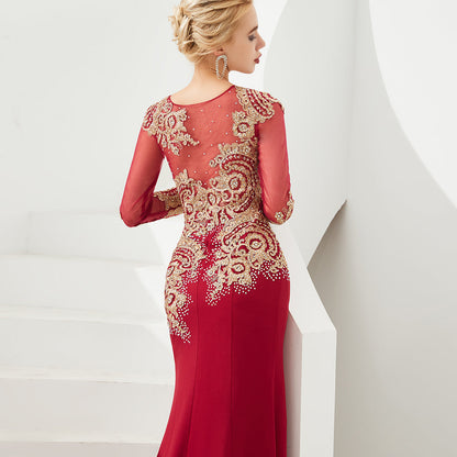 Slim Long Sleeves Gold Appliques Mermaid Evening Gowns Floor Length Event Party Dress