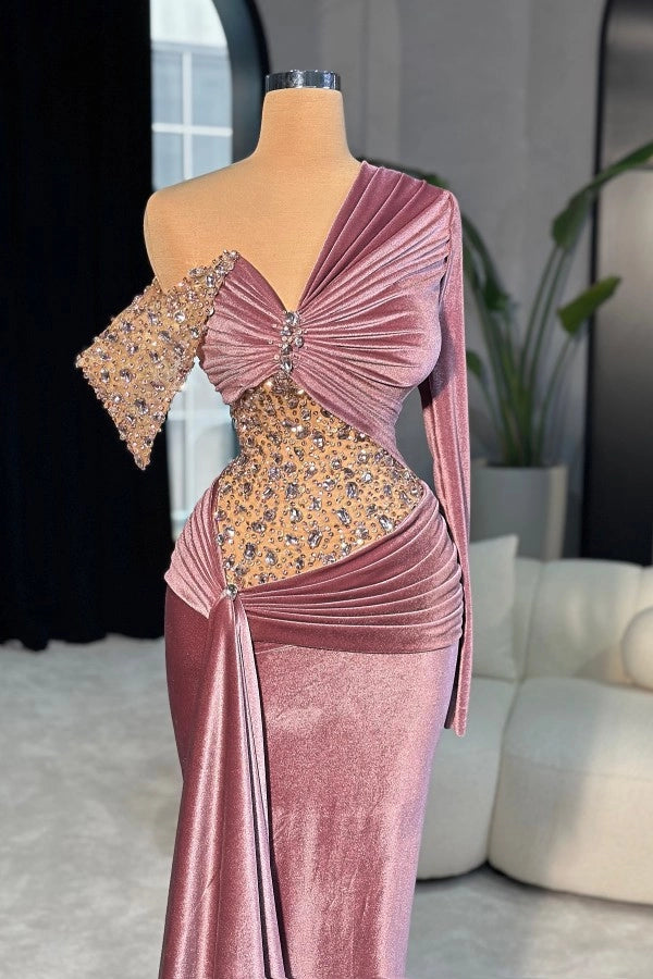 Wisteria V Neck Mermaid Prom Dress With Rhinestones Long Sleeves