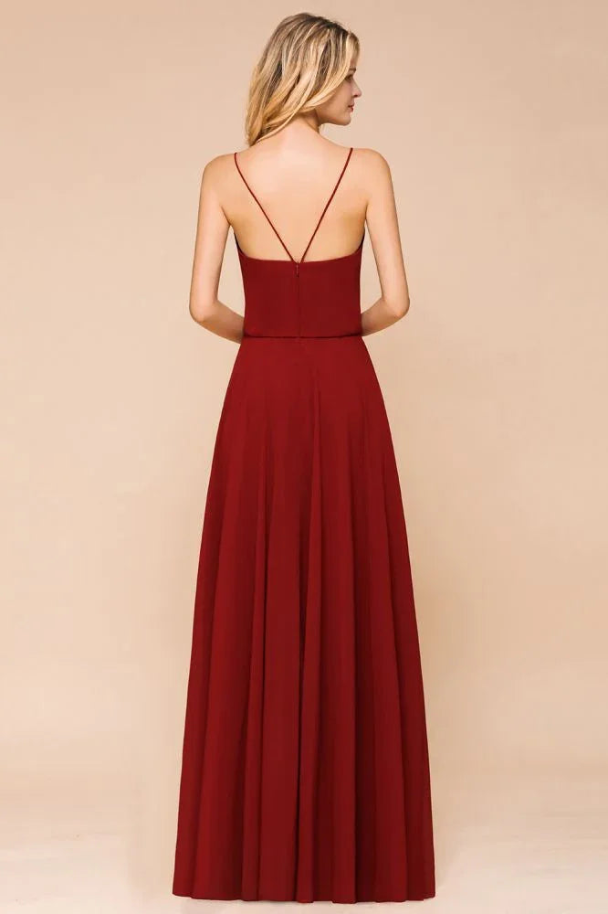 Abito da damigella d'onore in chiffon spaghetti, senza schienale, bordeaux, lungo fino a terra, per matrimonio in spiaggia