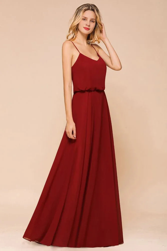 Abito da damigella d'onore in chiffon spaghetti, senza schienale, bordeaux, lungo fino a terra, per matrimonio in spiaggia