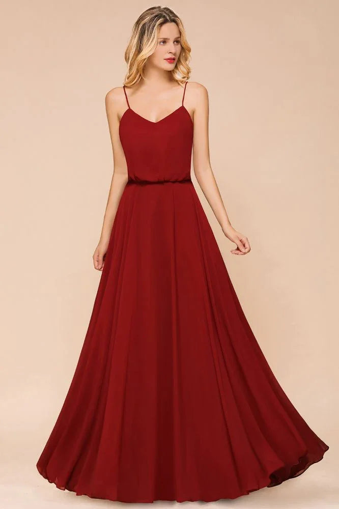 Abito da damigella d'onore in chiffon spaghetti, senza schienale, bordeaux, lungo fino a terra, per matrimonio in spiaggia