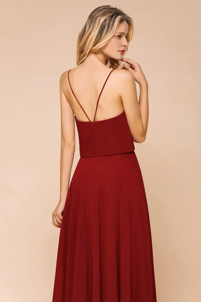 Abito da damigella d'onore in chiffon spaghetti, senza schienale, bordeaux, lungo fino a terra, per matrimonio in spiaggia