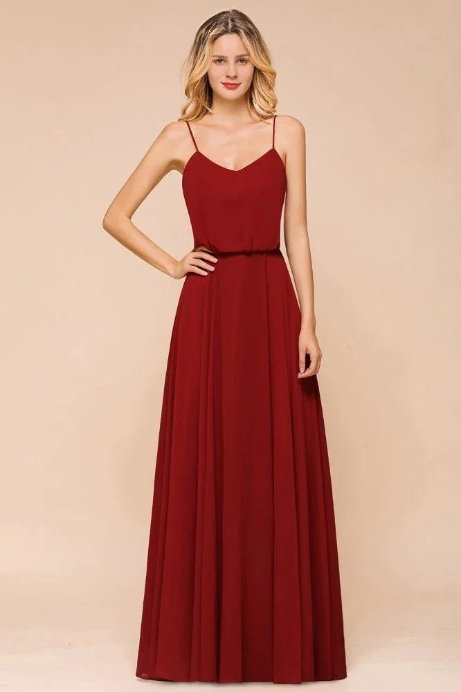 Abito da damigella d'onore in chiffon spaghetti, senza schienale, bordeaux, lungo fino a terra, per matrimonio in spiaggia