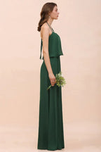 Spaghetti Chiffon Bridesmaid Dress Dark Green Maid of Honor Dress Floor Length