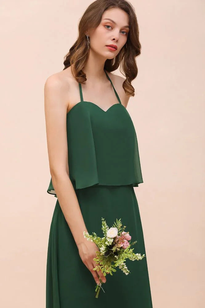 Spaghetti Chiffon Bridesmaid Dress Dark Green Maid of Honor Dress Floor Length