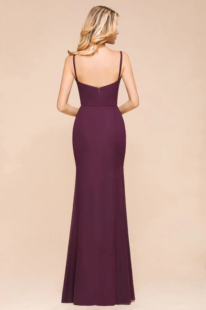 Vestido de Dama de Honra Sereia de Esparguete em Chiffon Simples Comprimento ao Chão para Festa