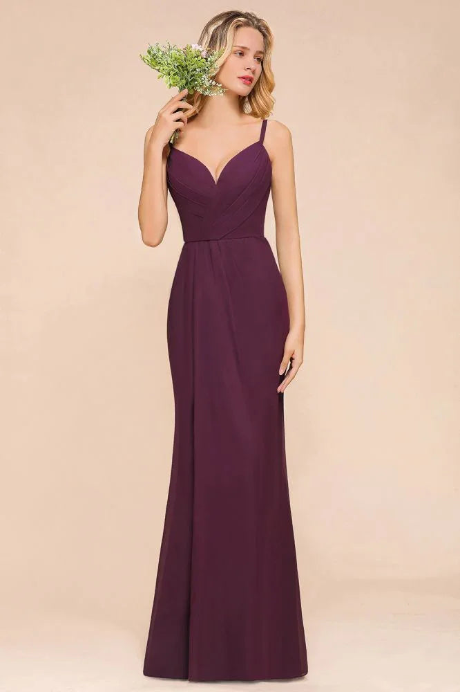 Vestido de Dama de Honra Sereia de Esparguete em Chiffon Simples Comprimento ao Chão para Festa