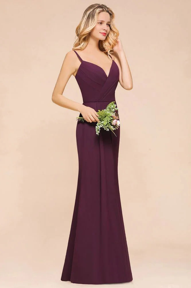 Vestido de Dama de Honra Sereia de Esparguete em Chiffon Simples Comprimento ao Chão para Festa