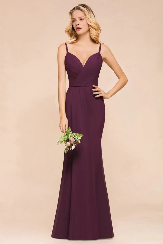 Vestido de Dama de Honra Sereia de Esparguete em Chiffon Simples Comprimento ao Chão para Festa