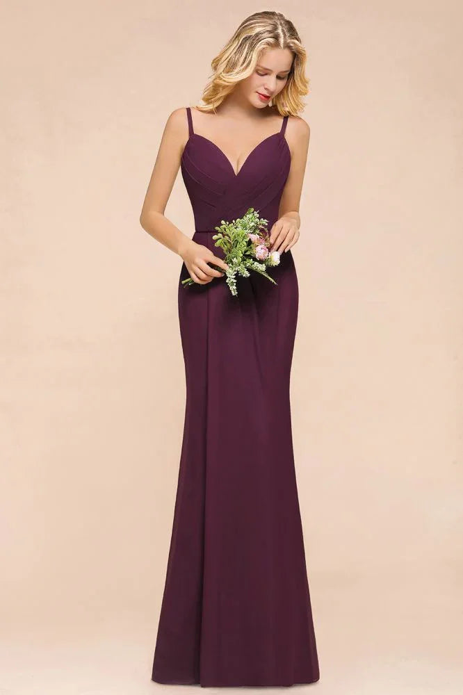 Vestido de Dama de Honra Sereia de Esparguete em Chiffon Simples Comprimento ao Chão para Festa