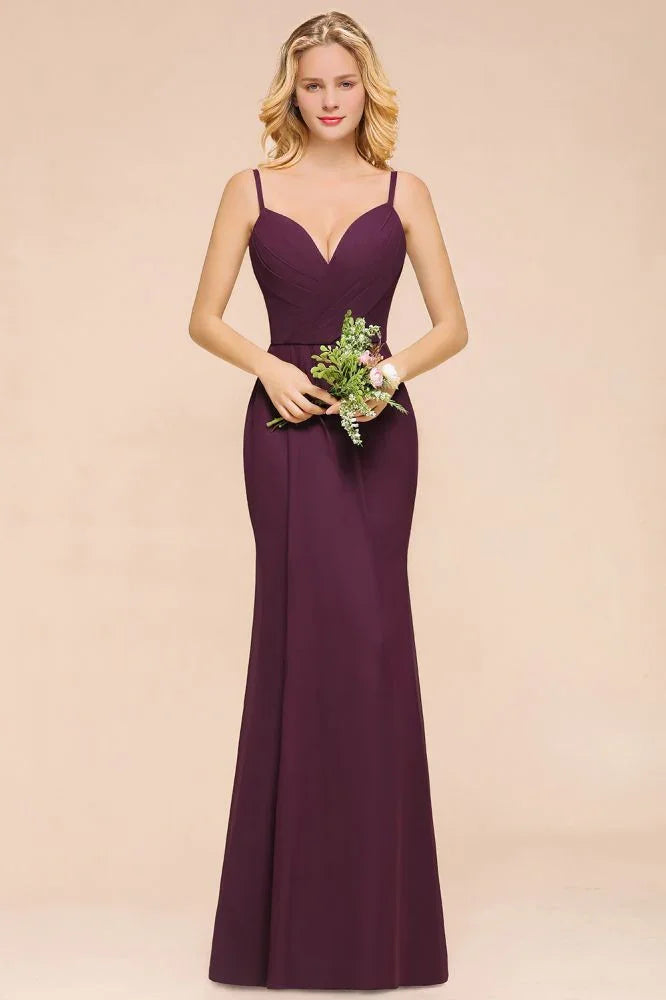 Vestido de Dama de Honra Sereia de Esparguete em Chiffon Simples Comprimento ao Chão para Festa