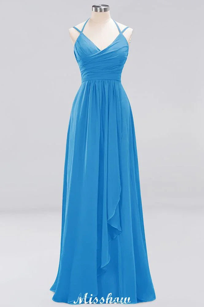 Abito lungo da sera senza maniche con volant a balze a trapezio in chiffon per damigella d'onore con spalline