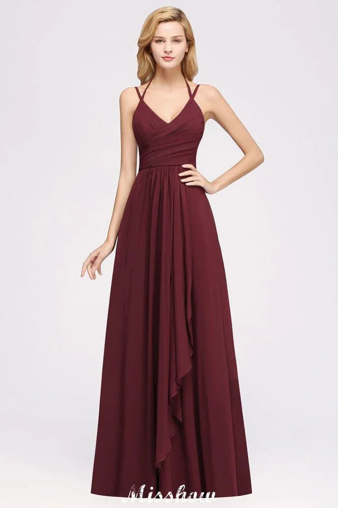 Robe de demoiselle d'honneur longue en mousseline, sans manches, à volants, coupe évasée avec bretelles, robe de soirée maxi