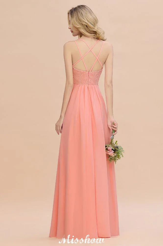 Vestido de Dama de Honra Esbelto com Fenda Lateral, Decote em V, Azul Céu, para Festa de Casamento