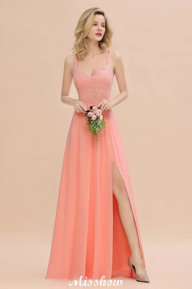 Vestido de Dama de Honra Esbelto com Fenda Lateral, Decote em V, Azul Céu, para Festa de Casamento