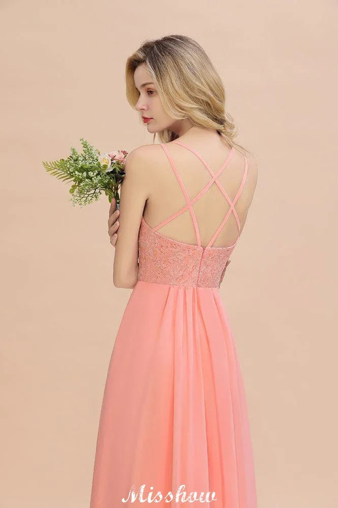 Vestido de Dama de Honra Esbelto com Fenda Lateral, Decote em V, Azul Céu, para Festa de Casamento
