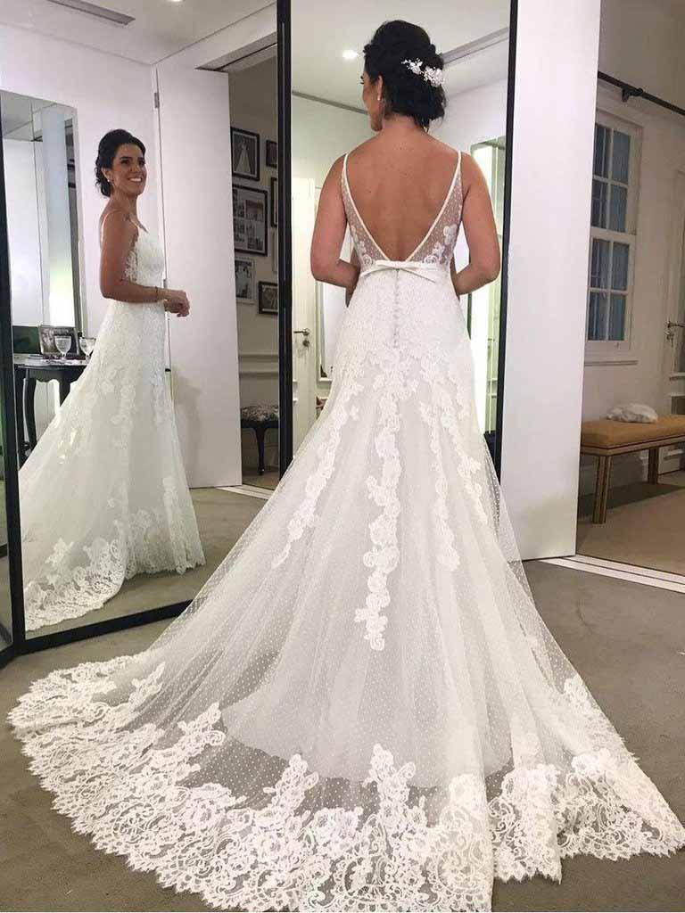 Robes de plage de mariage en dentelle à dos nu imprimé avec bretelles spaghetti et ceinture