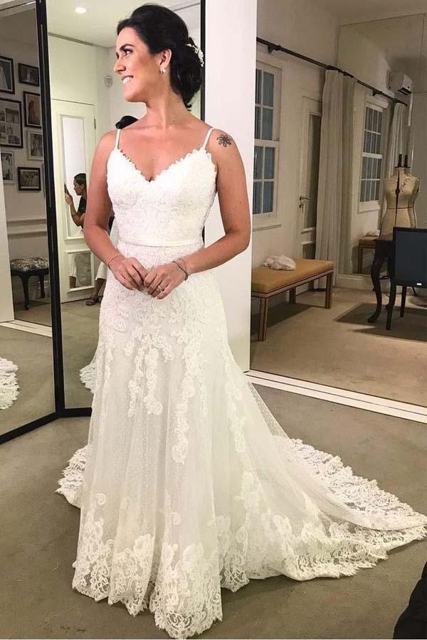 Vestidos de novia de playa con tirantes finos, estampados, sin espalda, de encaje y faja