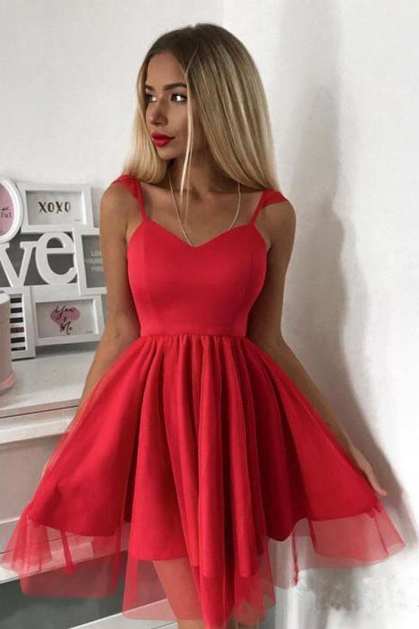 Robe courte rouge de bal à fines bretelles spaghetti, robe mini pour retour à la maison