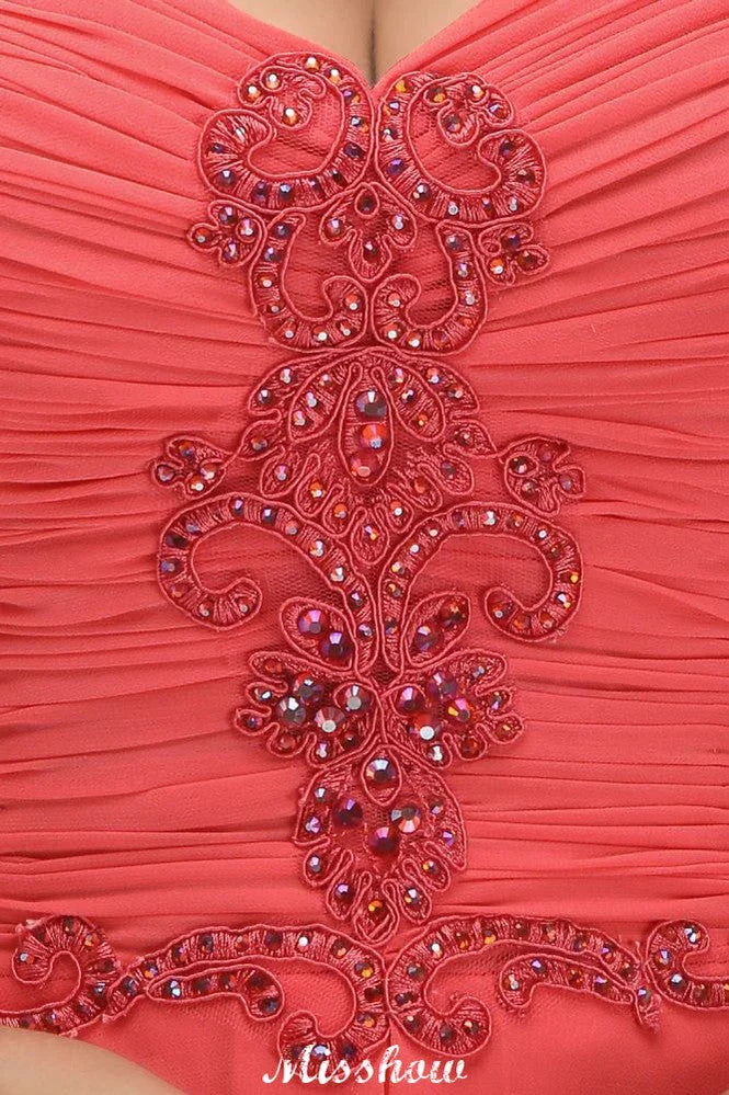 Vestido longo de noite em chiffon com alças finas, corte evasê, sem mangas, com bordados, para dama de honor