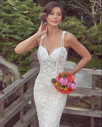 Spaghetti Strap Lace Mermaid Wedding Dress Sleeveless Court Train Gown