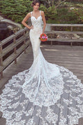 Spaghetti Strap Lace Mermaid Wedding Dress Sleeveless Court Train Gown
