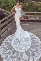Spaghetti Strap Lace Mermaid Wedding Dress Sleeveless Court Train Gown