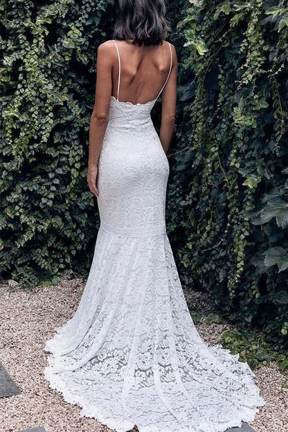 Spaghetti Straps Mermaid All Over Lace Ivory Wedding Dress